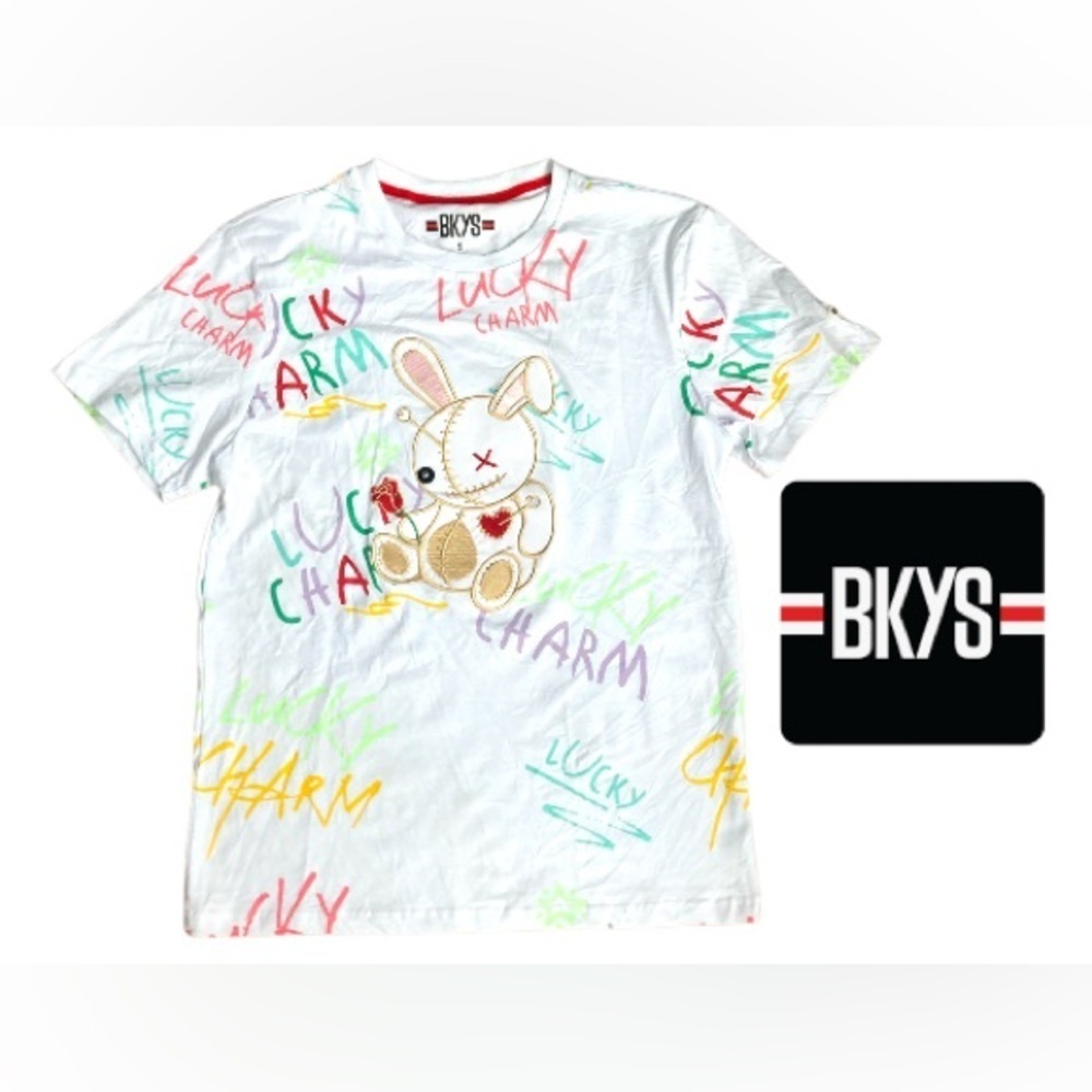 BKYS Lucky Charm‎ Doodle T-Shirt White Streetwear Mens Small Embroidered Graphic